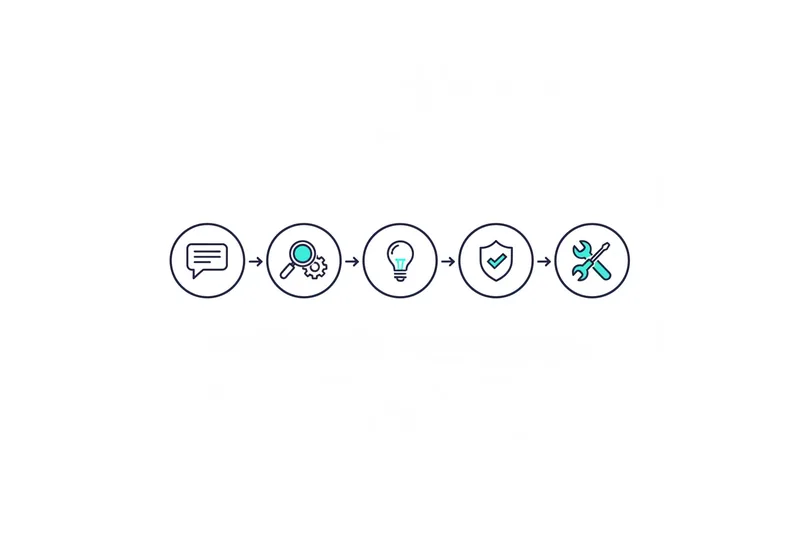 Schlichte Grafik mit fünf Schritten: Problem schildern, KI prüft, Vorschlag, Ja, ausführen, IT-Partner.